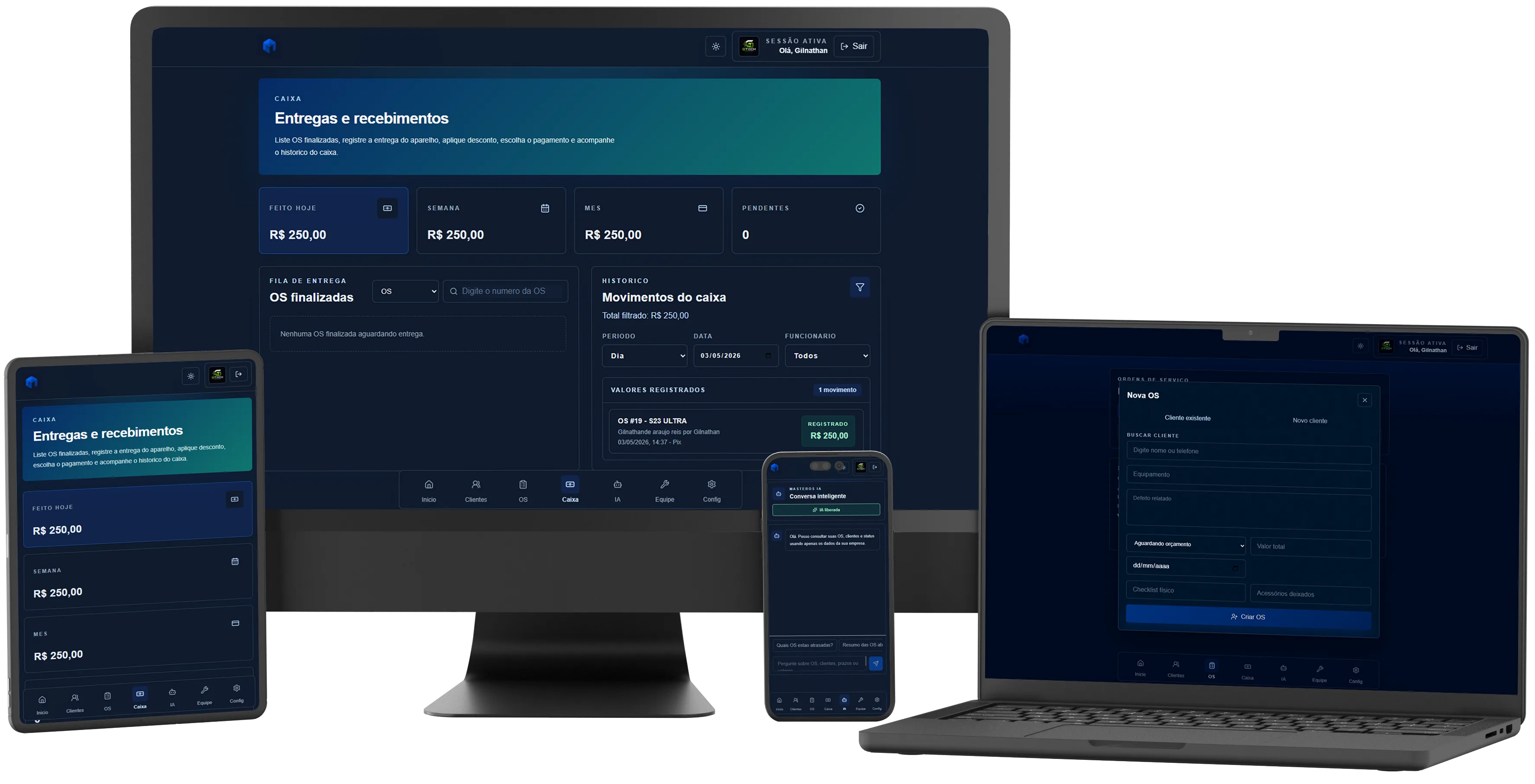 Sistema MasterOS para assistência técnica em desktop, tablet e celular